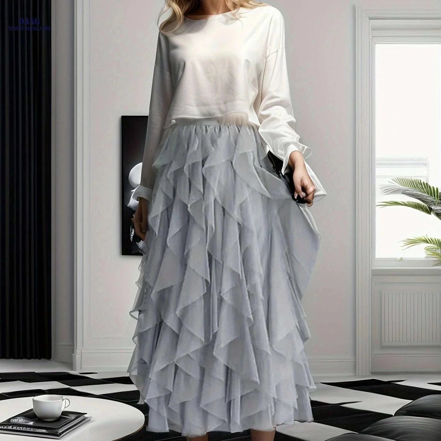 Women's Elegant High-Waisted A-Line Tulle Skirt - Perfect for Spring/Fall   OAXG Coffee color / S