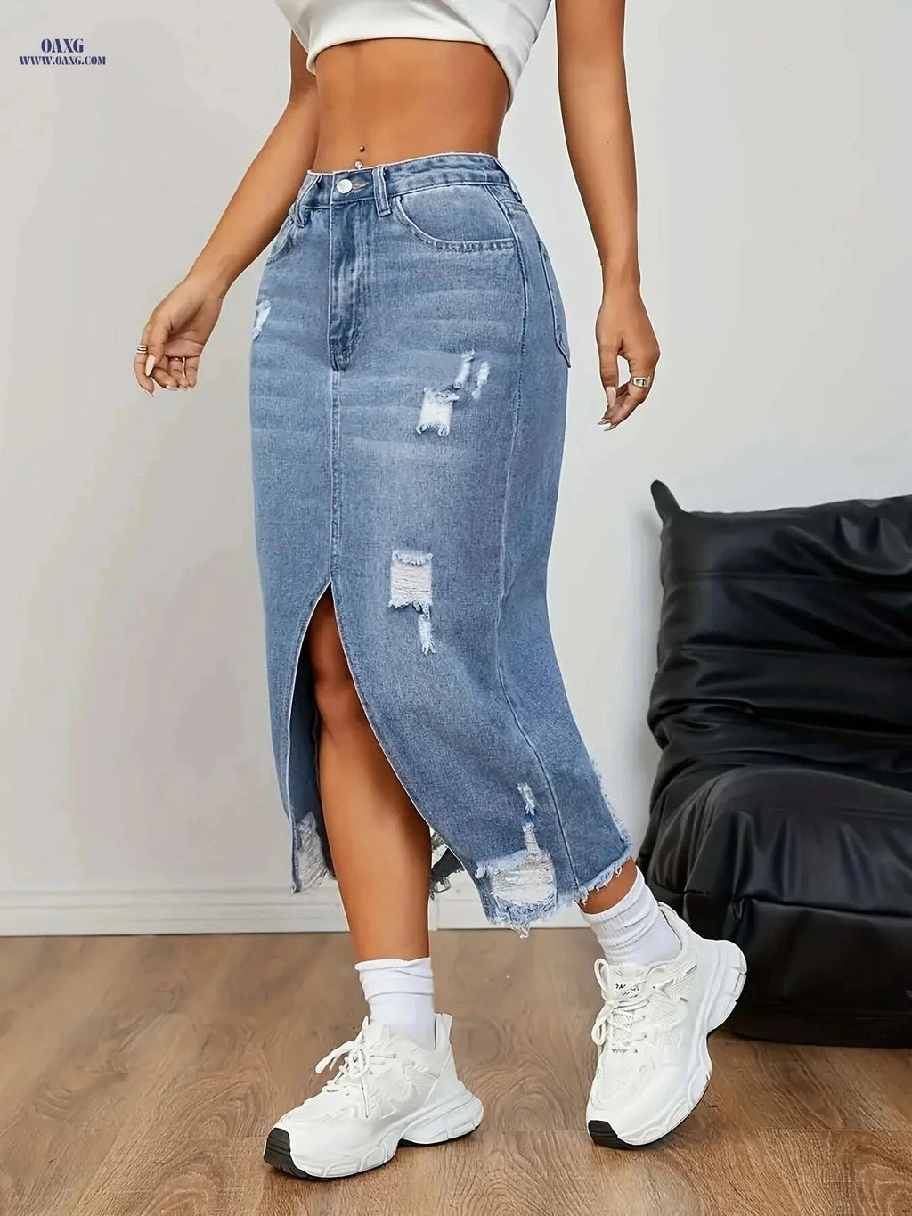 Women's Elegant High-Waisted Denim Skirt - Midi Length with Side Slit   OAXG Medium Blue / S