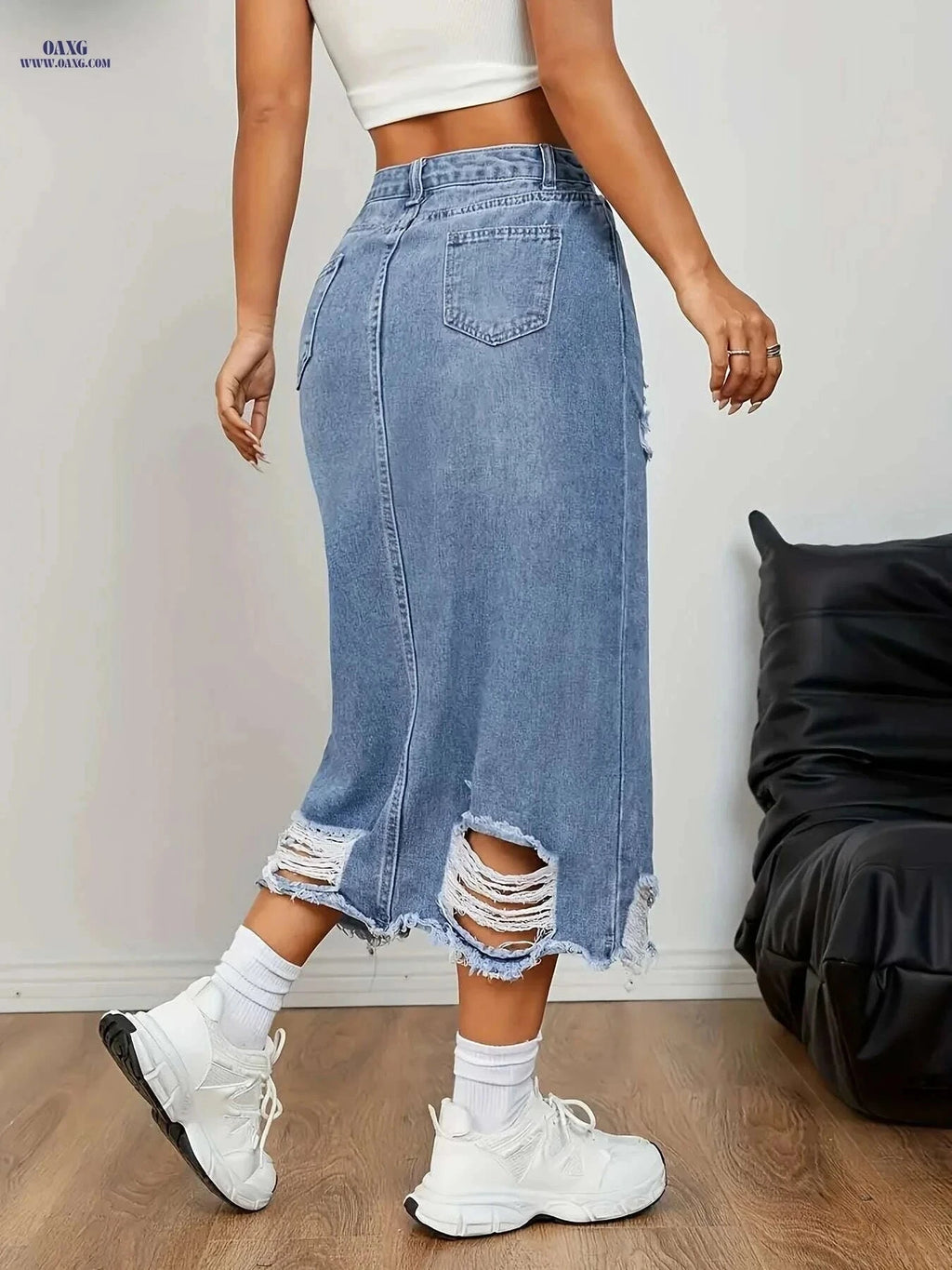 Women's Elegant High-Waisted Denim Skirt - Midi Length with Side Slit   OAXG Medium Blue / S