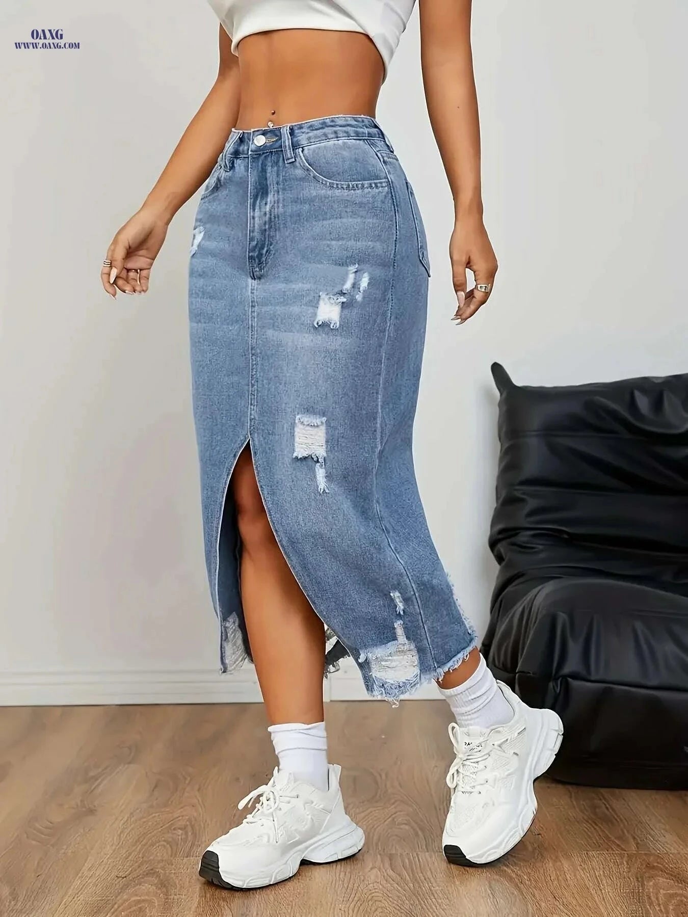Women's Elegant High-Waisted Denim Skirt - Midi Length with Side Slit   OAXG Medium Blue / S
