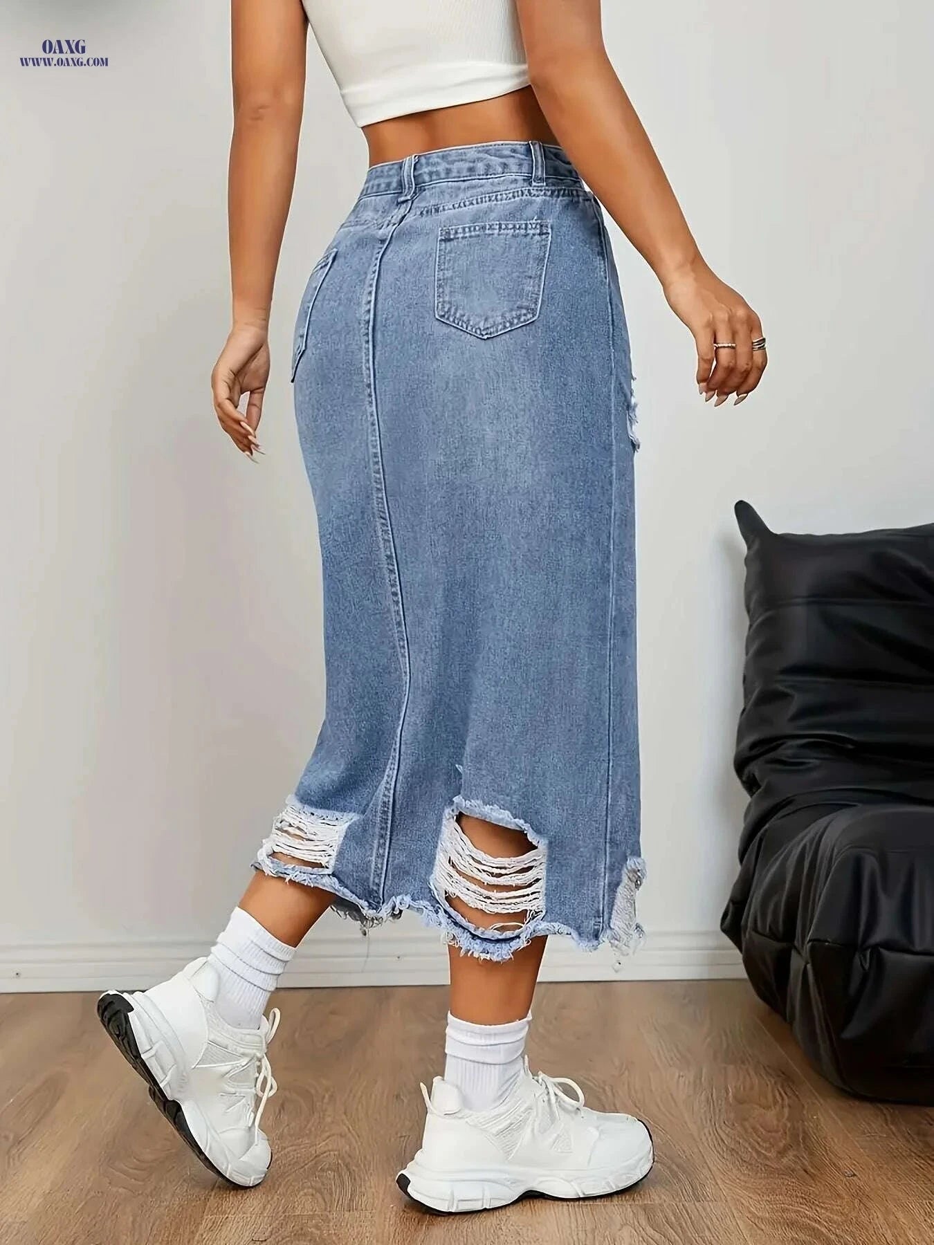 Women's Elegant High-Waisted Denim Skirt - Midi Length with Side Slit   OAXG Medium Blue / S