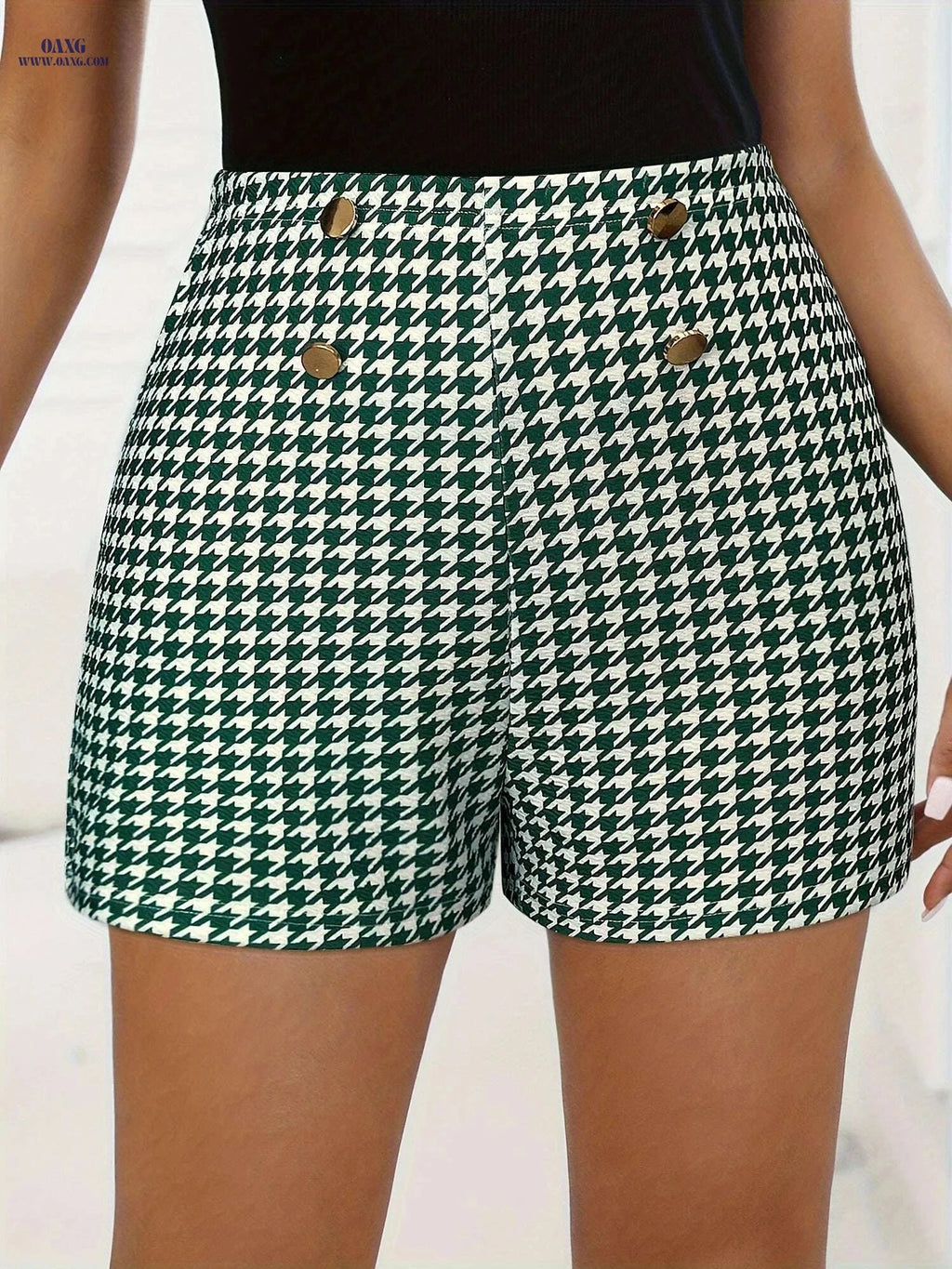 Women’s Elegant Houndstooth Shorts - Elastic Waist & Button Detail   OAXG 