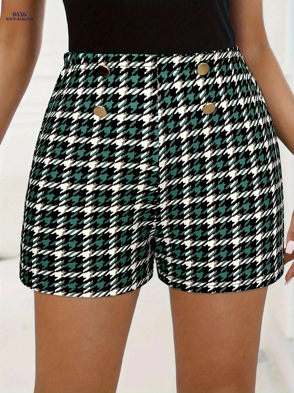 Women’s Elegant Houndstooth Shorts - Elastic Waist & Button Detail   OAXG 