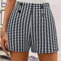 Women’s Elegant Houndstooth Shorts - Elastic Waist & Button Detail   OAXG 