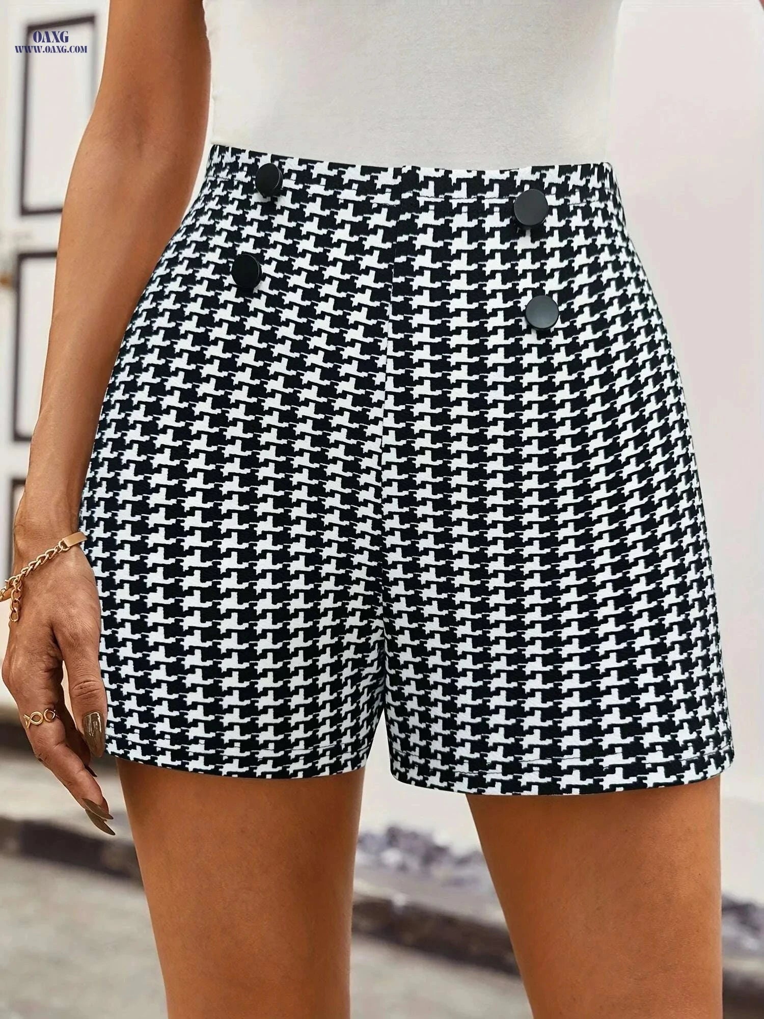 Women’s Elegant Houndstooth Shorts - Elastic Waist & Button Detail   OAXG 