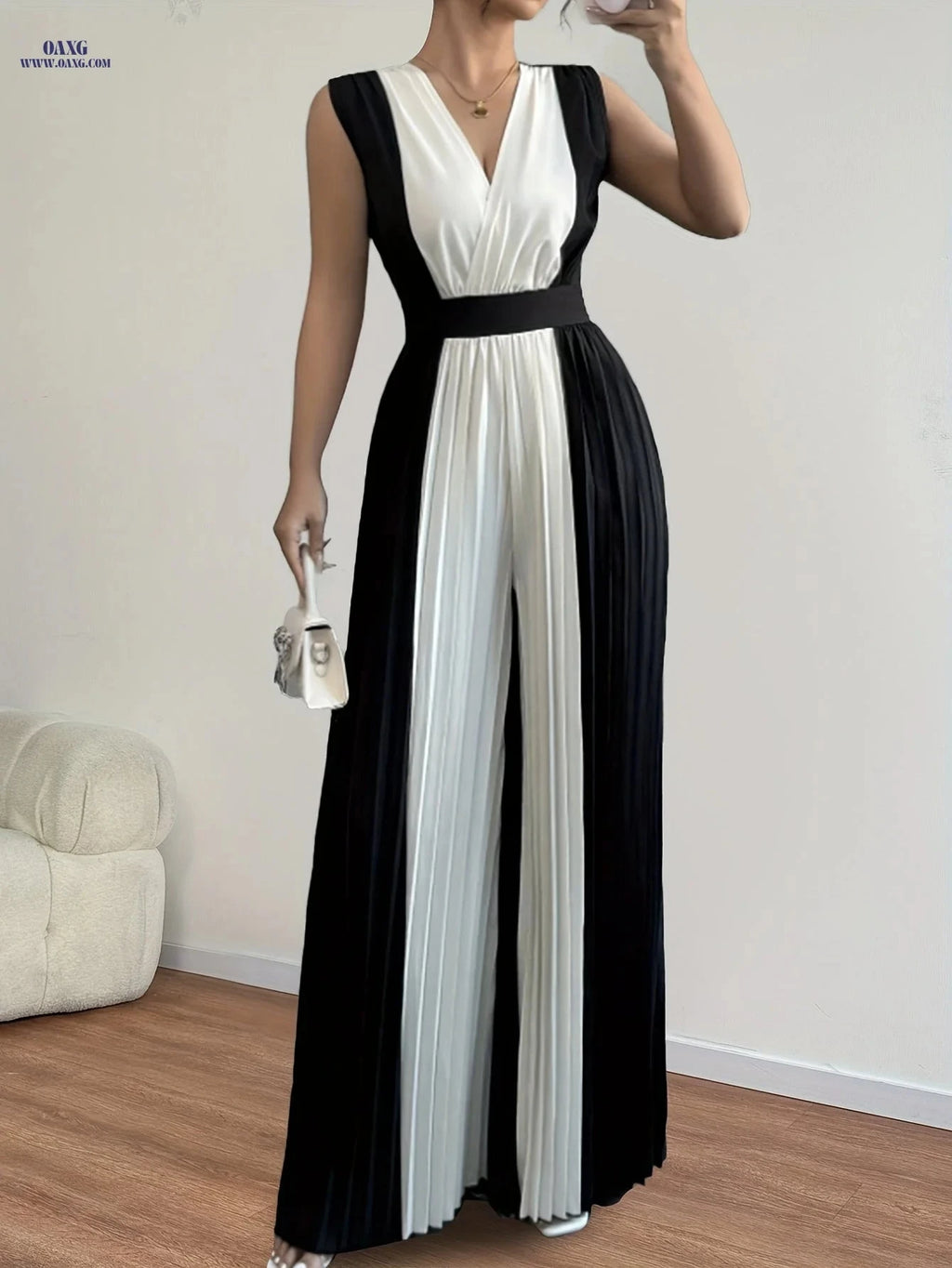 Women’s Elegant Jumpsuit - Stylish V-Neck Design for Summer Wear   OAXG Black And White Color / S