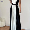 Women’s Elegant Jumpsuit - Stylish V-Neck Design for Summer Wear   OAXG Black And White Color / S
