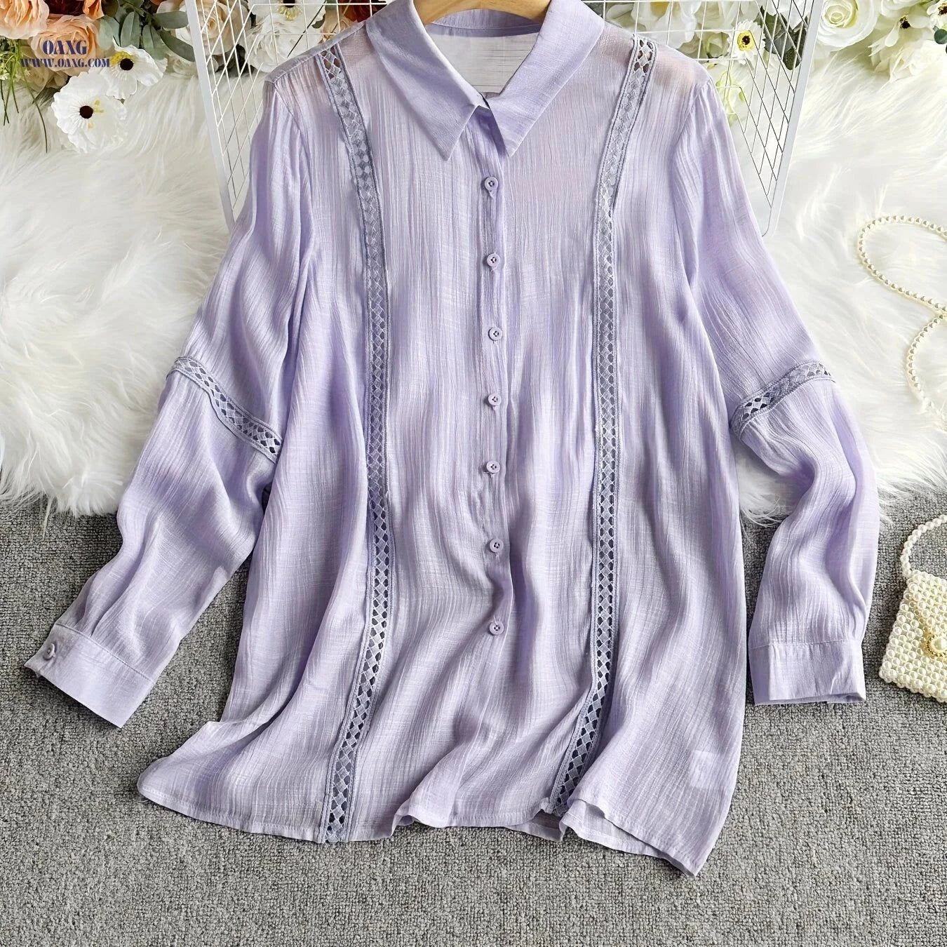 Women's Elegant Lace Patchwork Button-Up Shirt - Long Sleeve, Solid Color   OAXG White / XS
