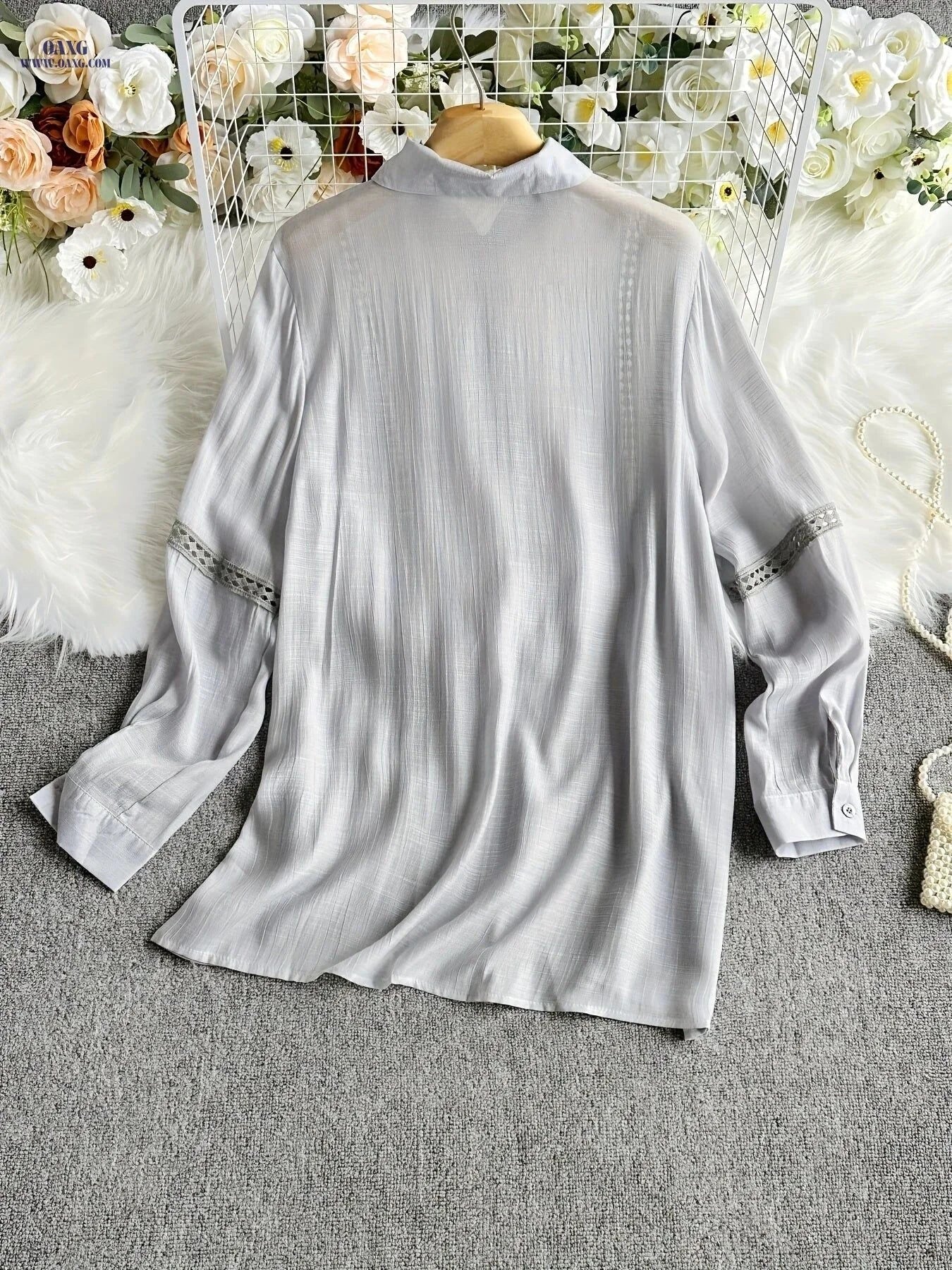 Women's Elegant Lace Patchwork Button-Up Shirt - Long Sleeve, Solid Color   OAXG White / XS