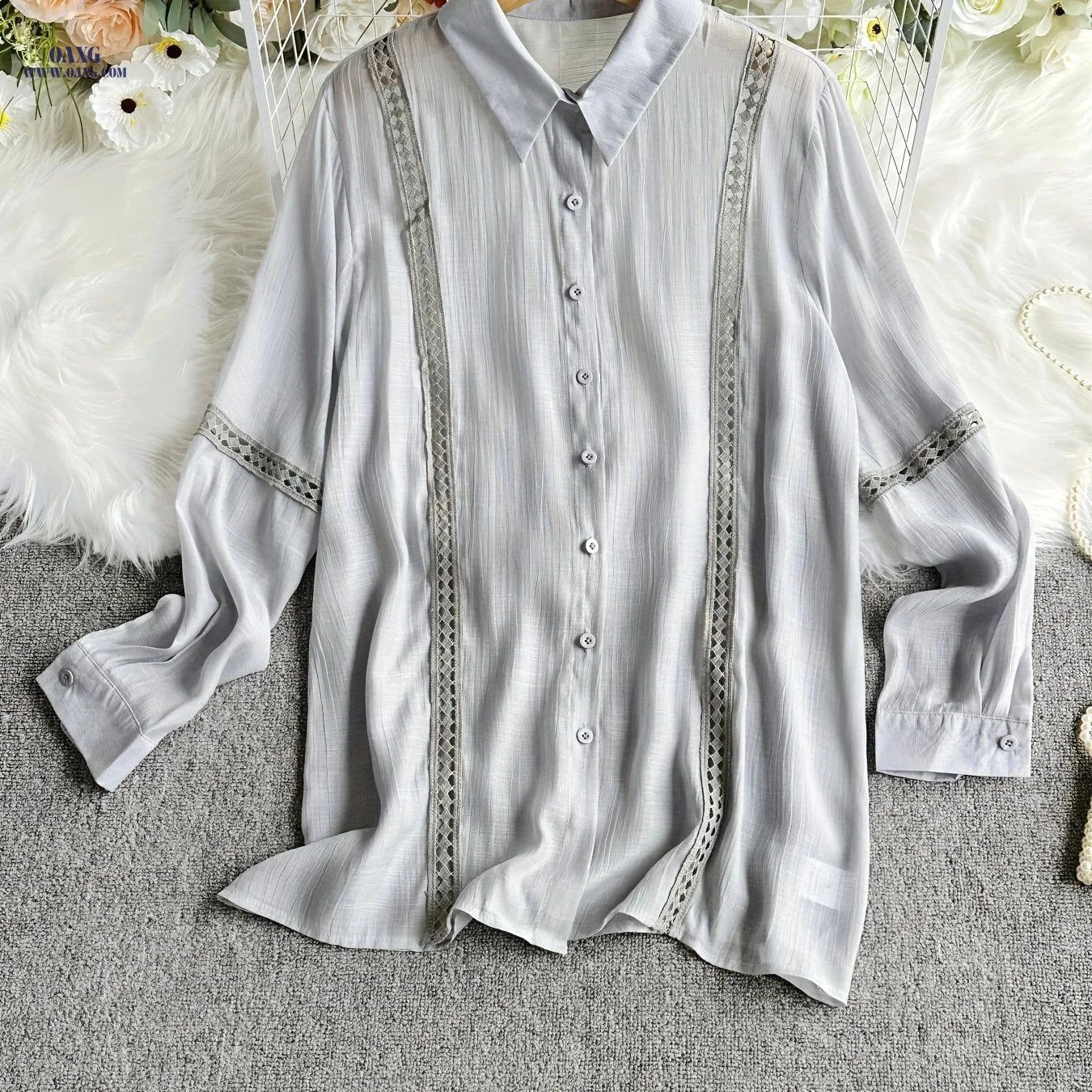 Women's Elegant Lace Patchwork Button-Up Shirt - Long Sleeve, Solid Color   OAXG White / XS