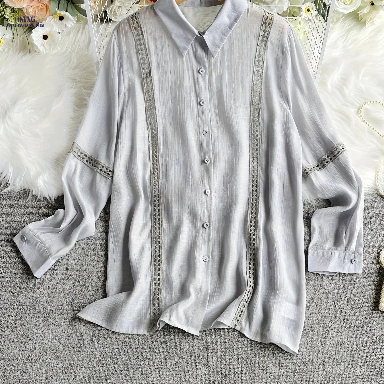 Women's Elegant Lace Patchwork Button-Up Shirt - Long Sleeve, Solid Color   OAXG White / XS