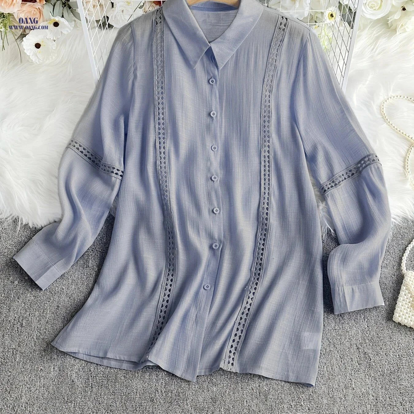 Women's Elegant Lace Patchwork Button-Up Shirt - Long Sleeve, Solid Color   OAXG White / XS