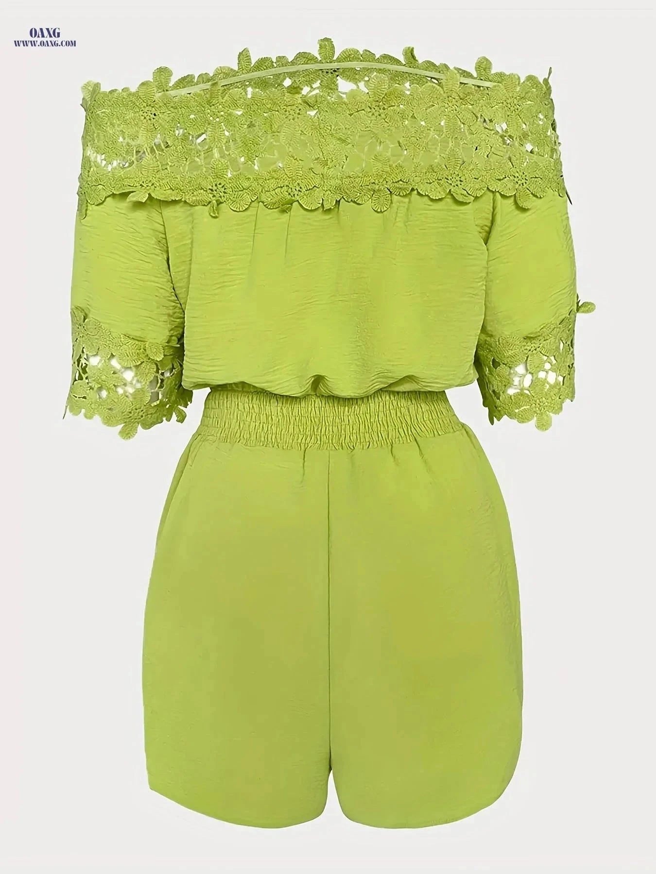 Women's Elegant Lace Patchwork Cropped Jumpsuit - Halter Neck Style   OAXG Grass Green / S