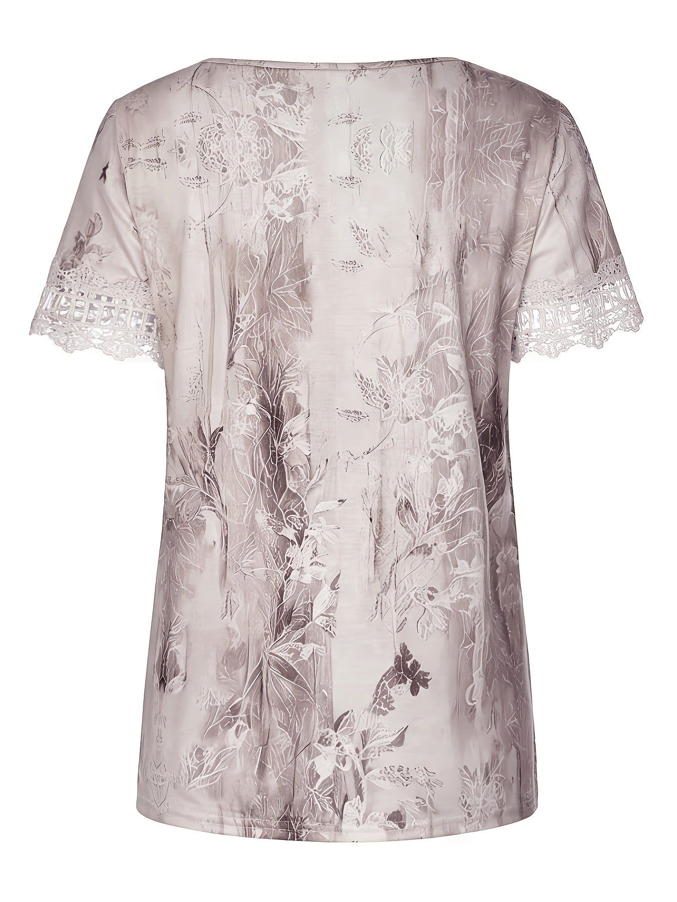 Women's Elegant Lace Trim Round Neck T-Shirt - Short Sleeve Blouse-Compatible Top with Plant Print Suitable for Spring Summer Fall, Casual Casual Attire, Machine Washable Regular Fit Non-Sheer Shirt for Office to Semi-Formal Outfits   OAXG