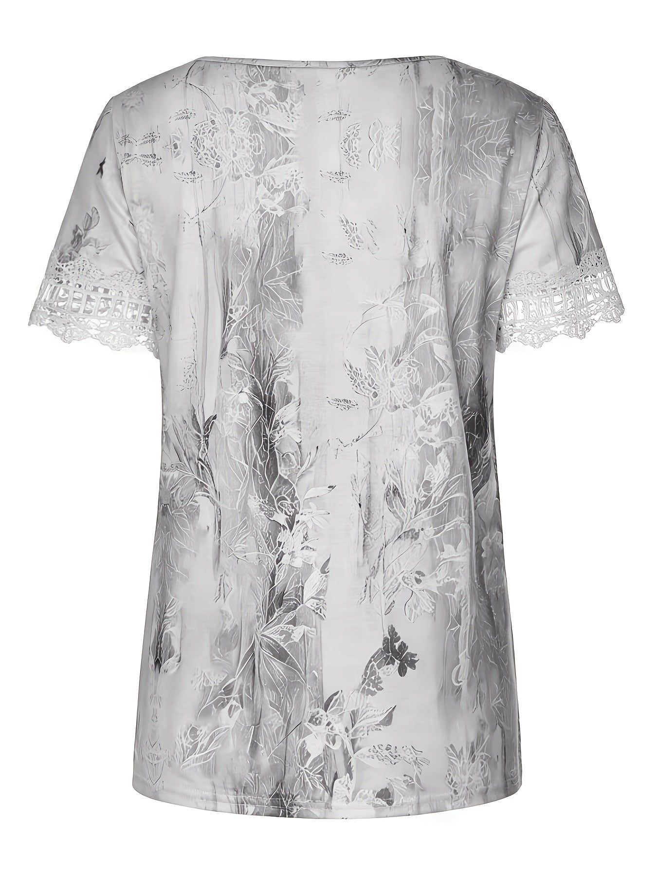 Women's Elegant Lace Trim Round Neck T-Shirt - Short Sleeve Blouse-Compatible Top with Plant Print Suitable for Spring Summer Fall, Casual Casual Attire, Machine Washable Regular Fit Non-Sheer Shirt for Office to Semi-Formal Outfits   OAXG