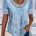 Women's Elegant Lace Trim Round Neck T-Shirt - Short Sleeve Blouse-Compatible Top with Plant Print Suitable for Spring Summer Fall, Casual Casual Attire, Machine Washable Regular Fit Non-Sheer Shirt for Office to Semi-Formal Outfits   OAXG