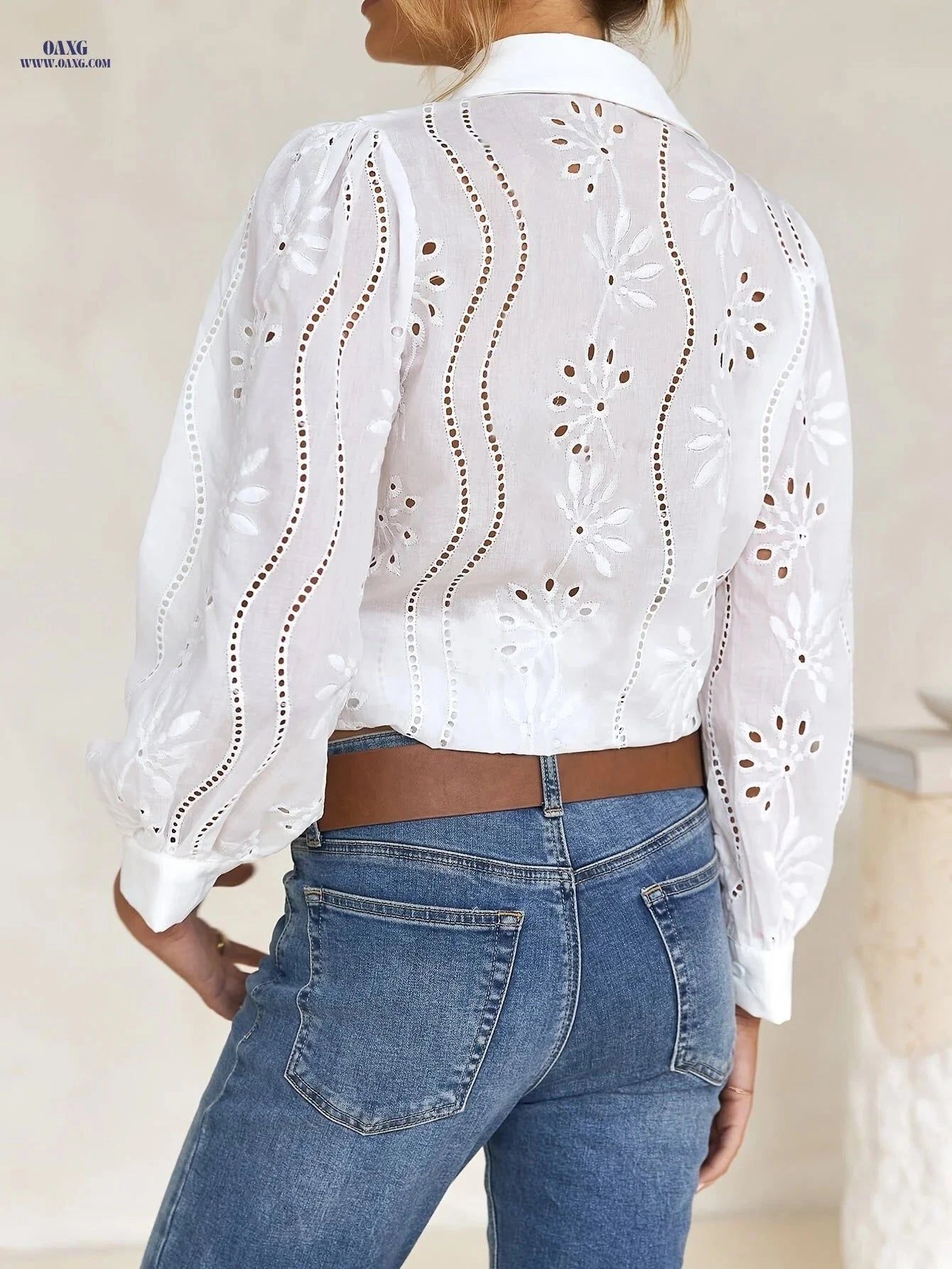Women's Elegant Lapel Shirt - Floral Embroidery, Button Closure   OAXG White / S