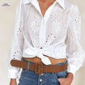 Women's Elegant Lapel Shirt - Floral Embroidery, Button Closure   OAXG White / S