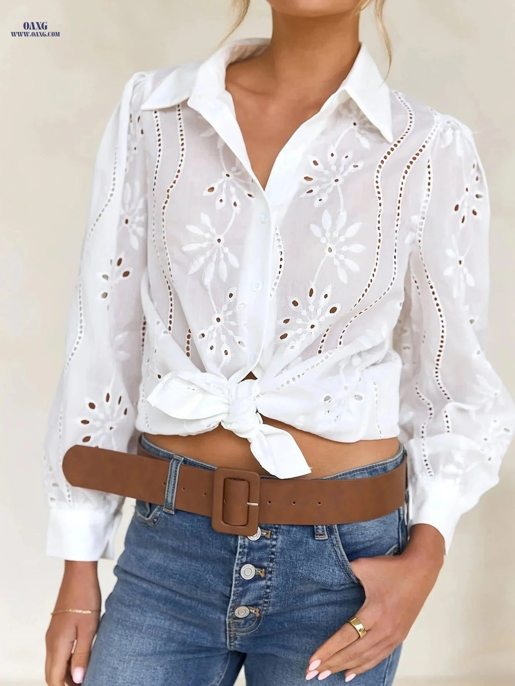 Women's Elegant Lapel Shirt - Floral Embroidery, Button Closure   OAXG White / S