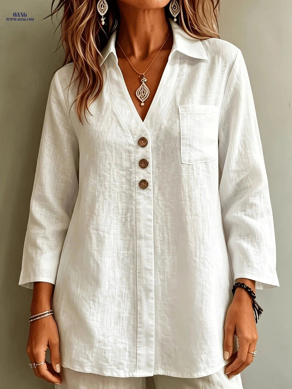 Women's Elegant Linen Lapel Shirt - Three-Quarter Sleeve & Relaxed Fit   OAXG White / S