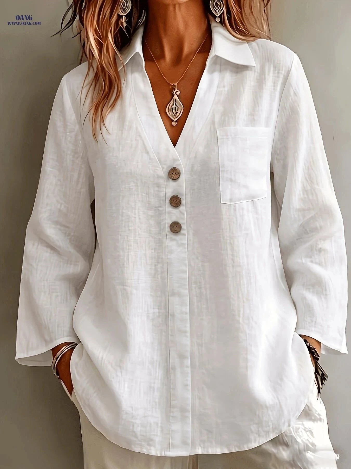 Women's Elegant Linen Lapel Shirt - Three-Quarter Sleeve & Relaxed Fit   OAXG White / S