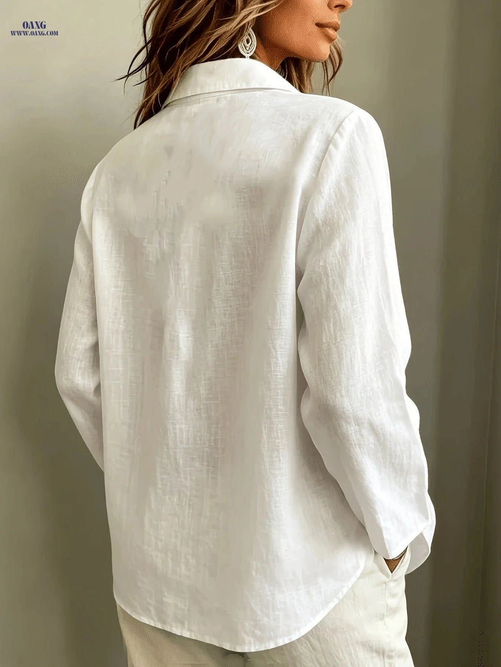 Women's Elegant Linen Lapel Shirt - Three-Quarter Sleeve & Relaxed Fit   OAXG White / S