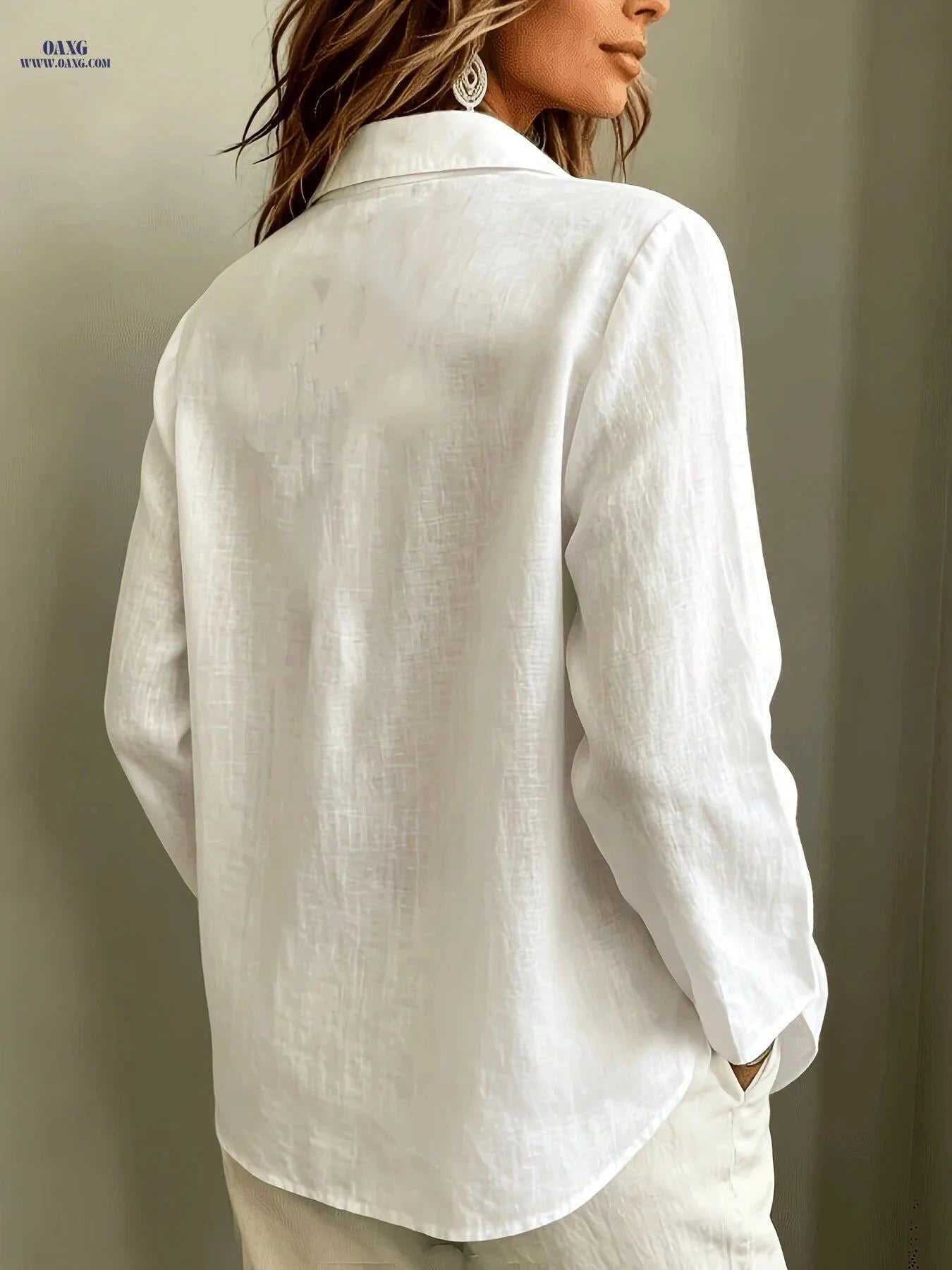 Women's Elegant Linen Lapel Shirt - Three-Quarter Sleeve & Relaxed Fit   OAXG White / S