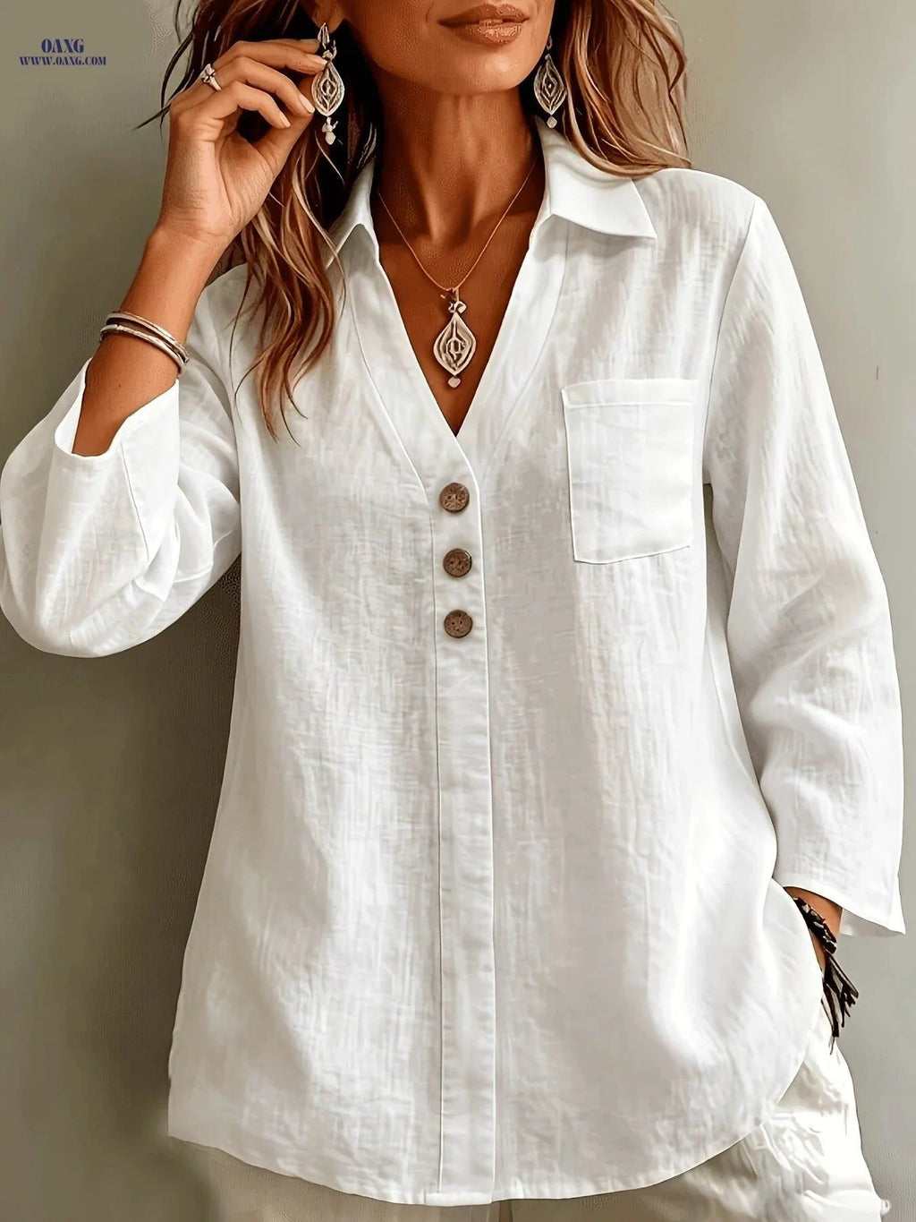 Women's Elegant Linen Lapel Shirt - Three-Quarter Sleeve & Relaxed Fit   OAXG White / S