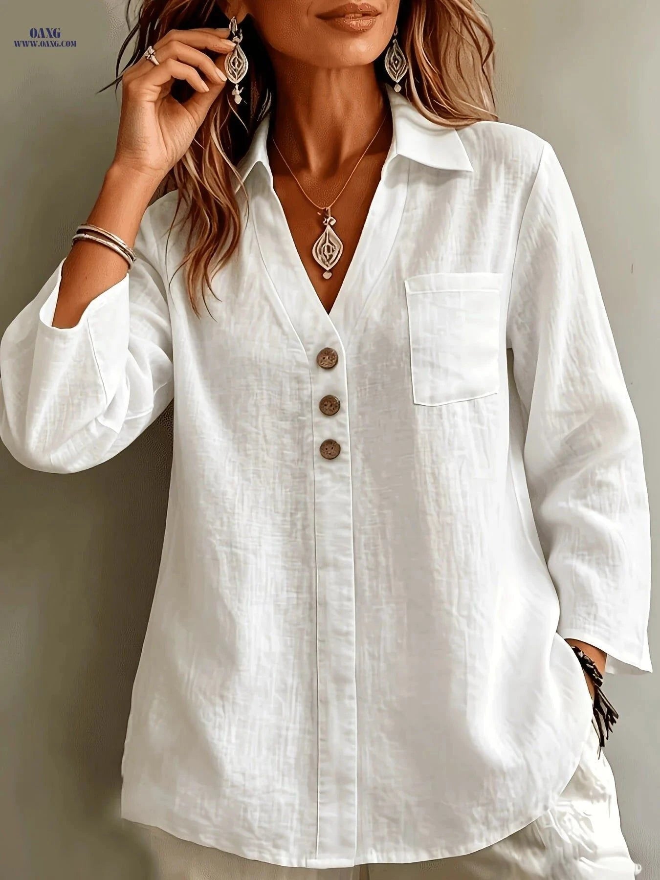 Women's Elegant Linen Lapel Shirt - Three-Quarter Sleeve & Relaxed Fit   OAXG White / S