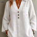 Women's Elegant Linen Lapel Shirt - Three-Quarter Sleeve & Relaxed Fit   OAXG White / S