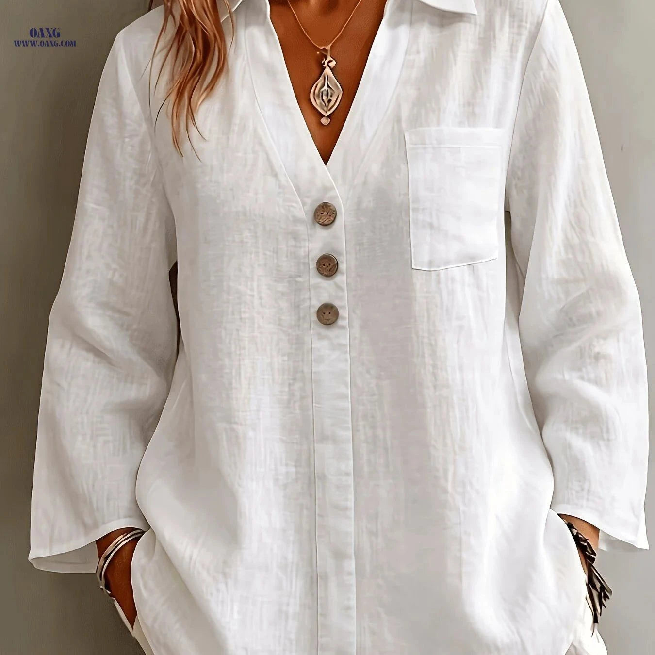 Women's Elegant Linen Lapel Shirt - Three-Quarter Sleeve & Relaxed Fit   OAXG White / S