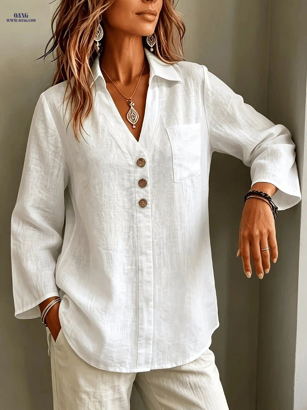 Women's Elegant Linen Lapel Shirt - Three-Quarter Sleeve & Relaxed Fit   OAXG White / S