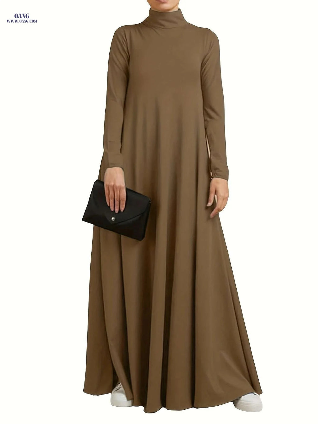 Women's Elegant Long-Sleeve Abaya Dress - Solid Brown for All Seasons   OAXG 