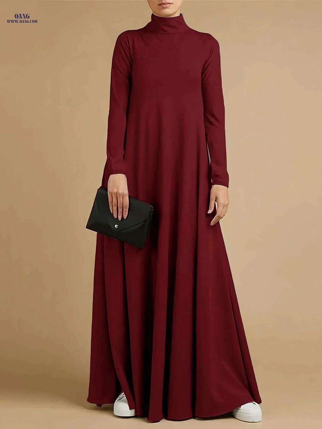 Women's Elegant Long-Sleeve Abaya Dress - Solid Brown for All Seasons   OAXG 