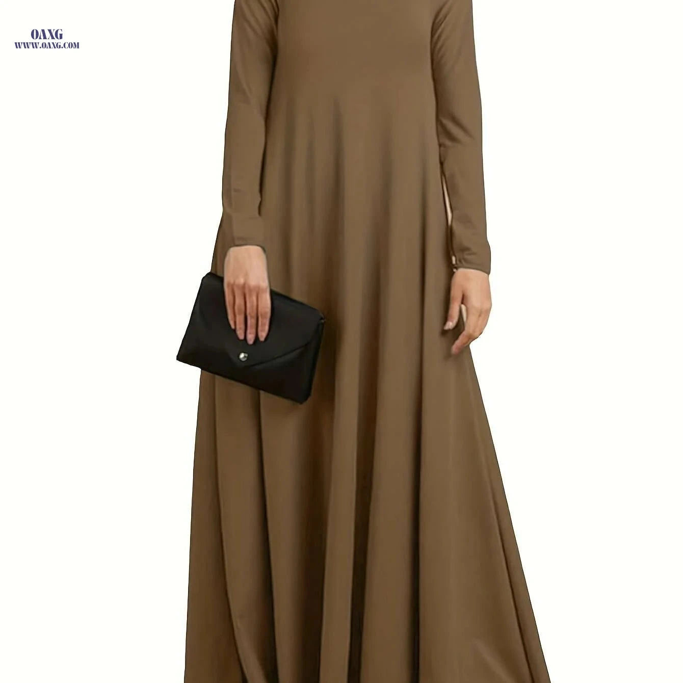 Women's Elegant Long-Sleeve Abaya Dress - Solid Brown for All Seasons   OAXG Navy Blue / S