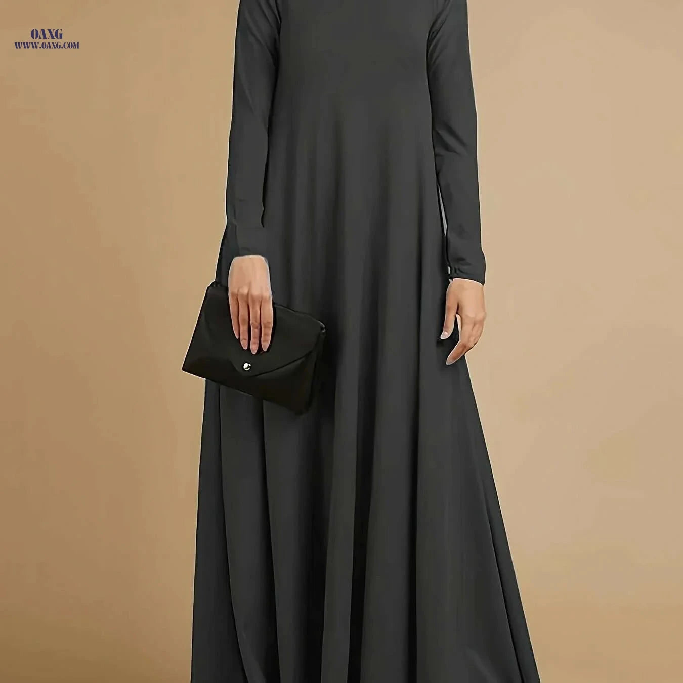 Women's Elegant Long-Sleeve Abaya Dress - Solid Brown for All Seasons   OAXG Navy Blue / S