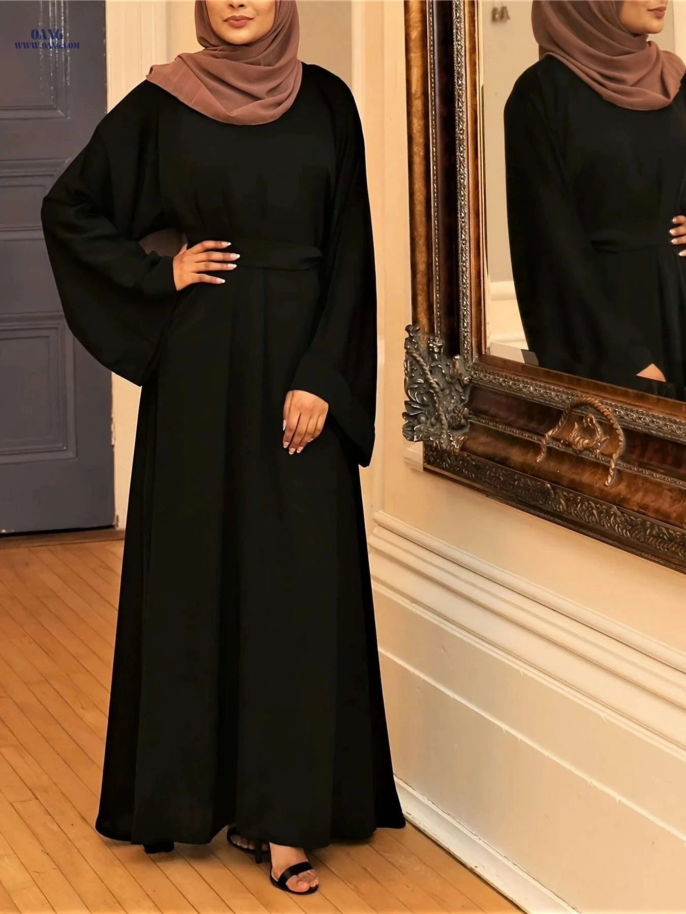 Women's Elegant Long Sleeve Abaya - Modest Solid Color Dress   OAXG Black / XL