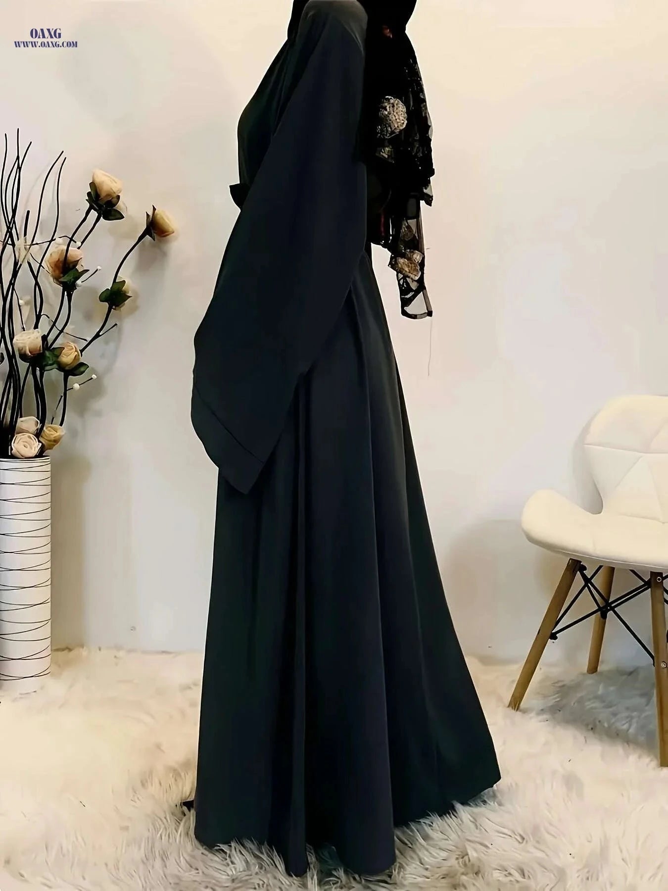 Women's Elegant Long Sleeve Abaya - Modest Solid Color Dress   OAXG 