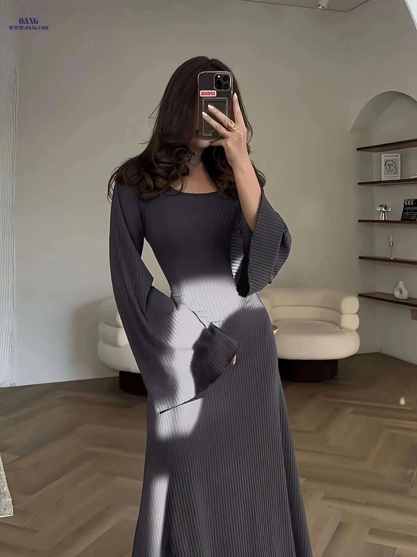 Women's Elegant Long Sleeve Maxi Dress - Flowy Non-Stretchy Style   OAXG Dark Brown / S