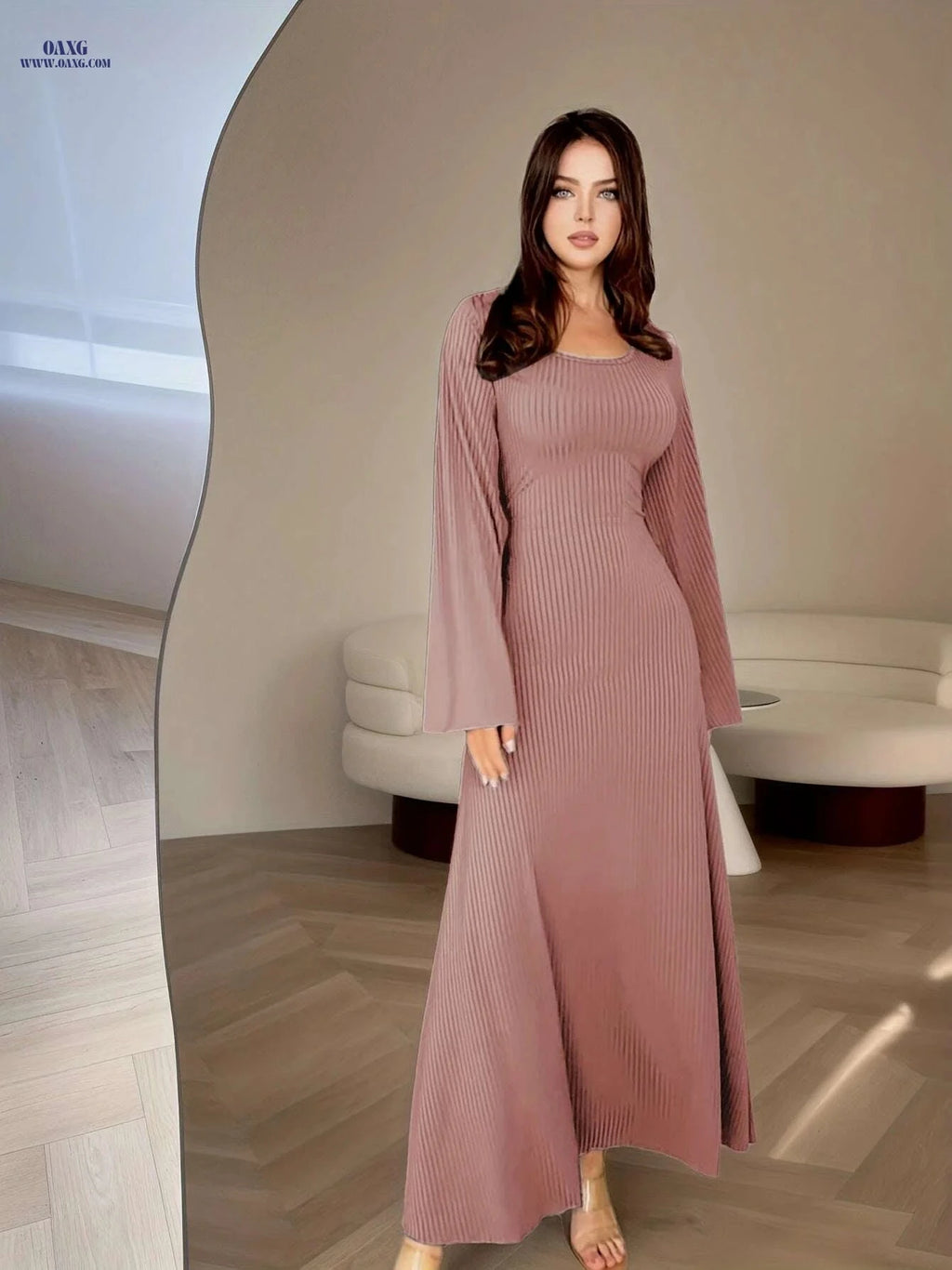 Women's Elegant Long Sleeve Maxi Dress - Flowy Non-Stretchy Style   OAXG Dark Brown / S