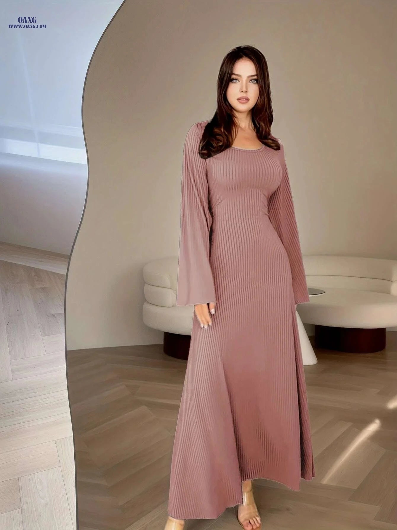 Women's Elegant Long Sleeve Maxi Dress - Flowy Non-Stretchy Style   OAXG Dark Brown / S