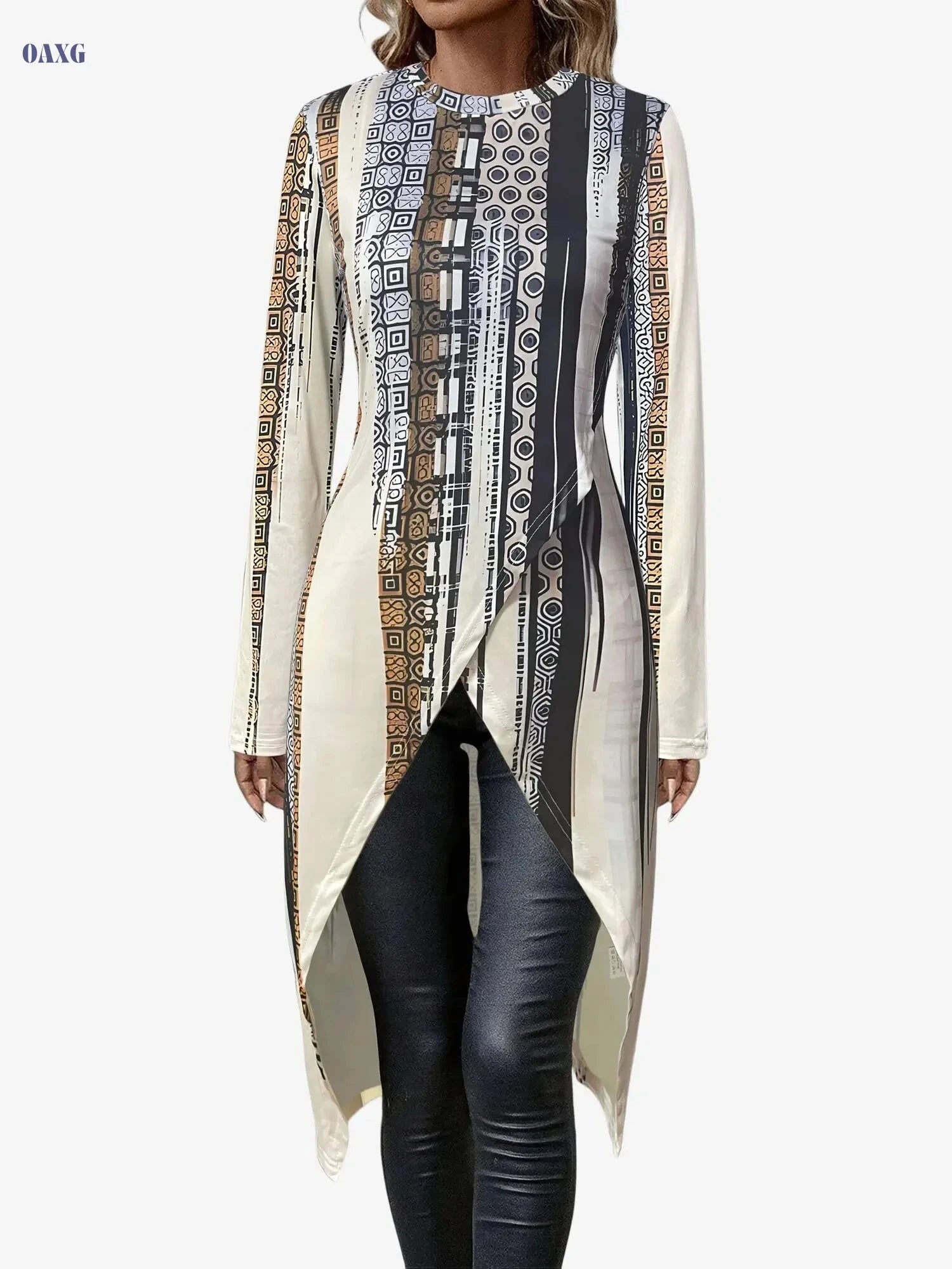 Women's Elegant Long Sleeve Top - All-Over Geometric Print, Versatile Wear   OAXG 