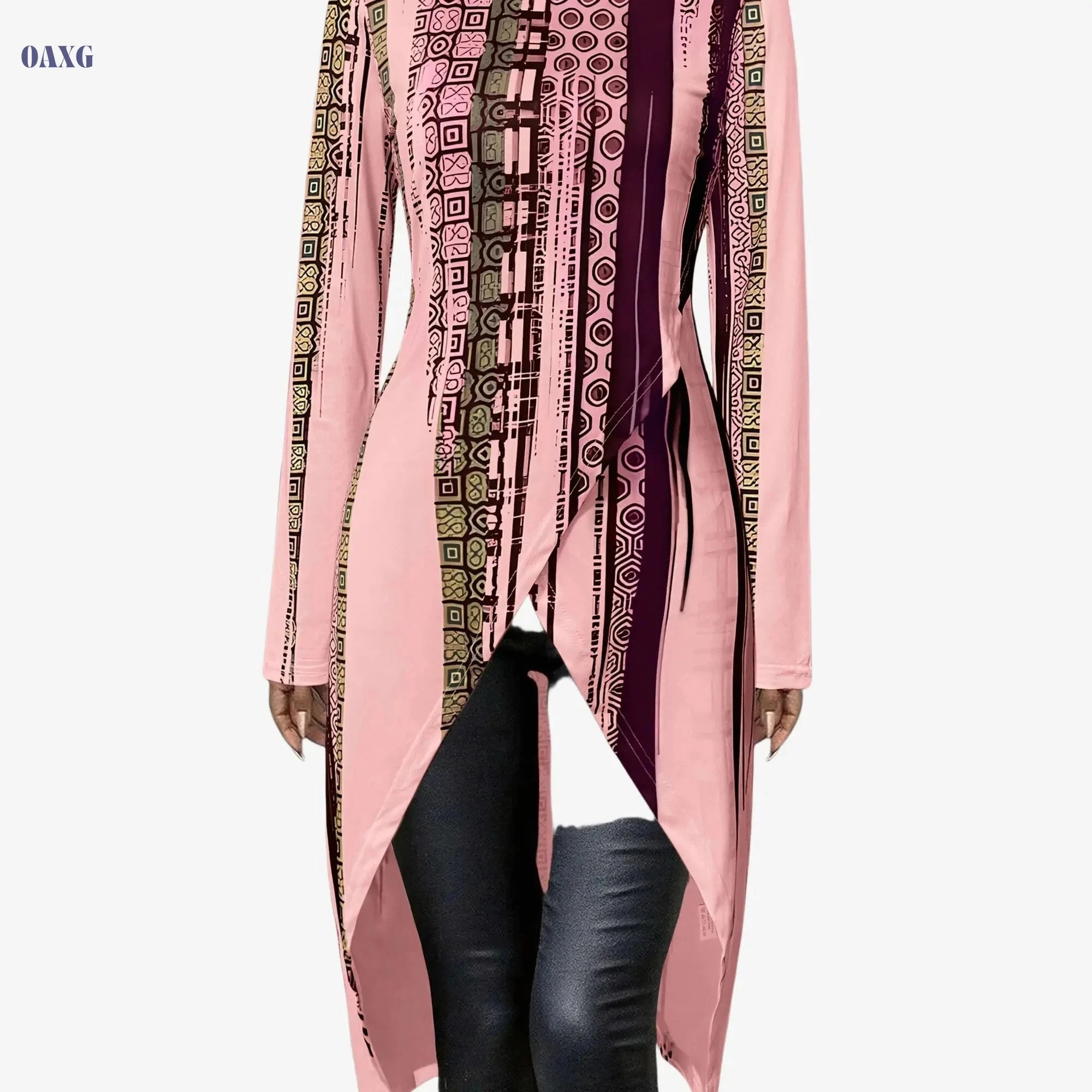 Women's Elegant Long Sleeve Top - All-Over Geometric Print, Versatile Wear   OAXG 