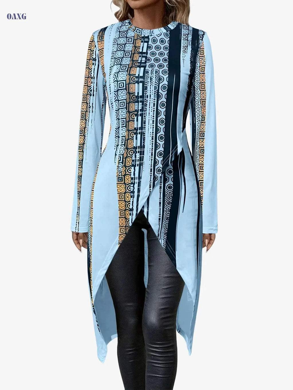 Women's Elegant Long Sleeve Top - All-Over Geometric Print, Versatile Wear   OAXG 