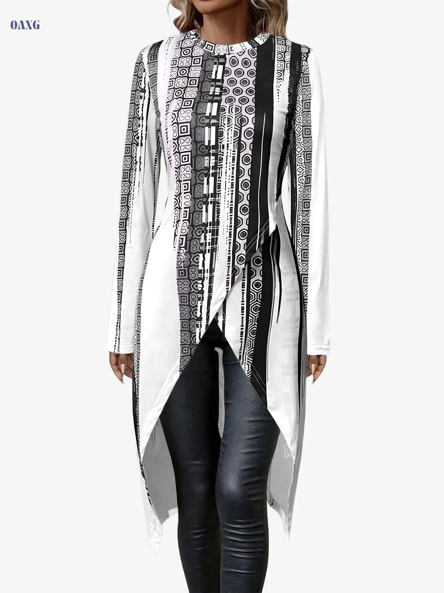 Women's Elegant Long Sleeve Top - All-Over Geometric Print, Versatile Wear   OAXG 