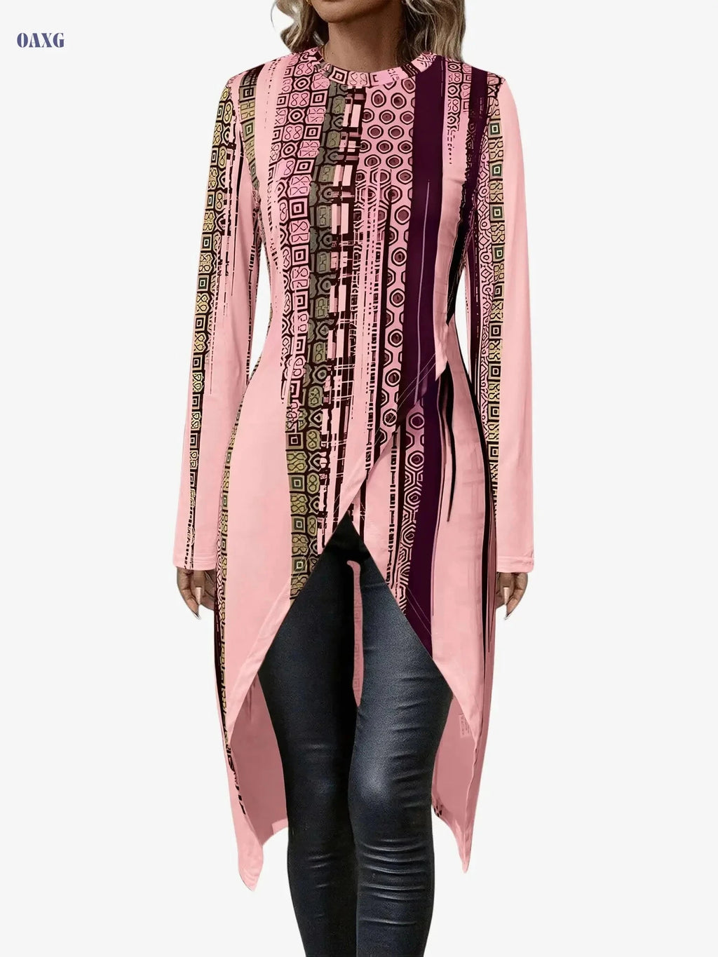 Women's Elegant Long Sleeve Top - All-Over Geometric Print, Versatile Wear   OAXG 