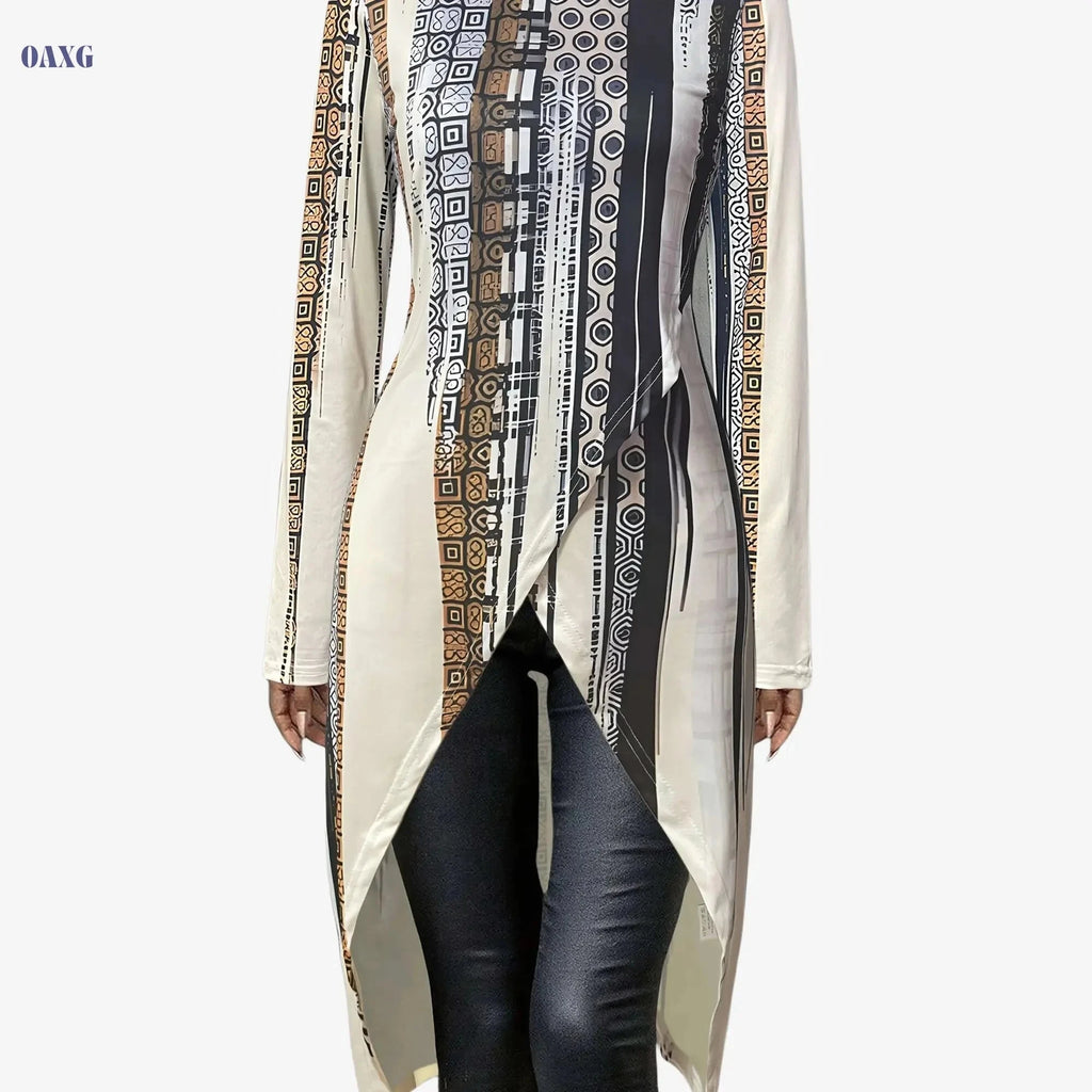 Women's Elegant Long Sleeve Top - All-Over Geometric Print, Versatile Wear   OAXG 
