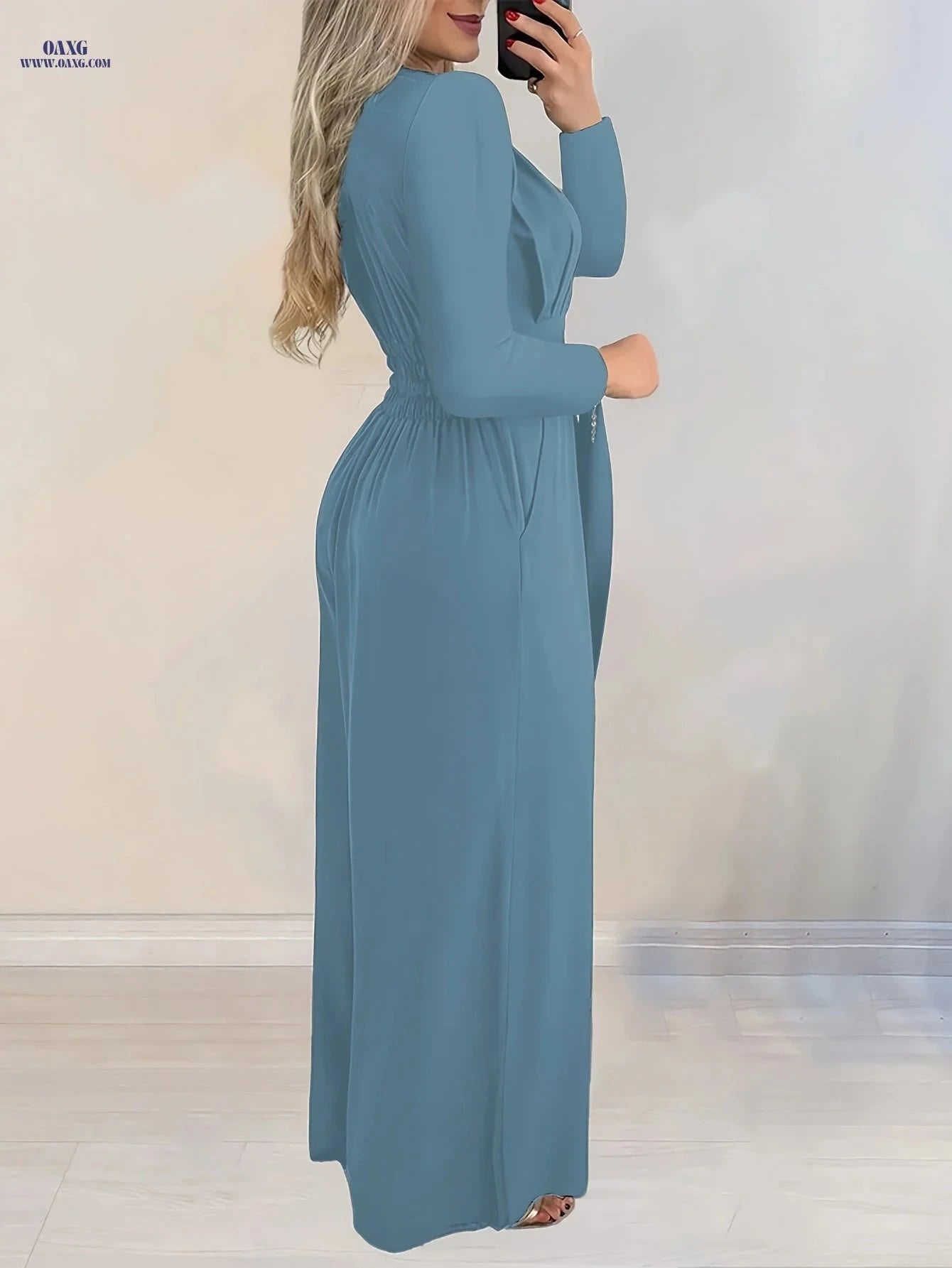 Women's Elegant Long-Sleeve V-Neck Jumpsuit - Wide Leg Style   OAXG 