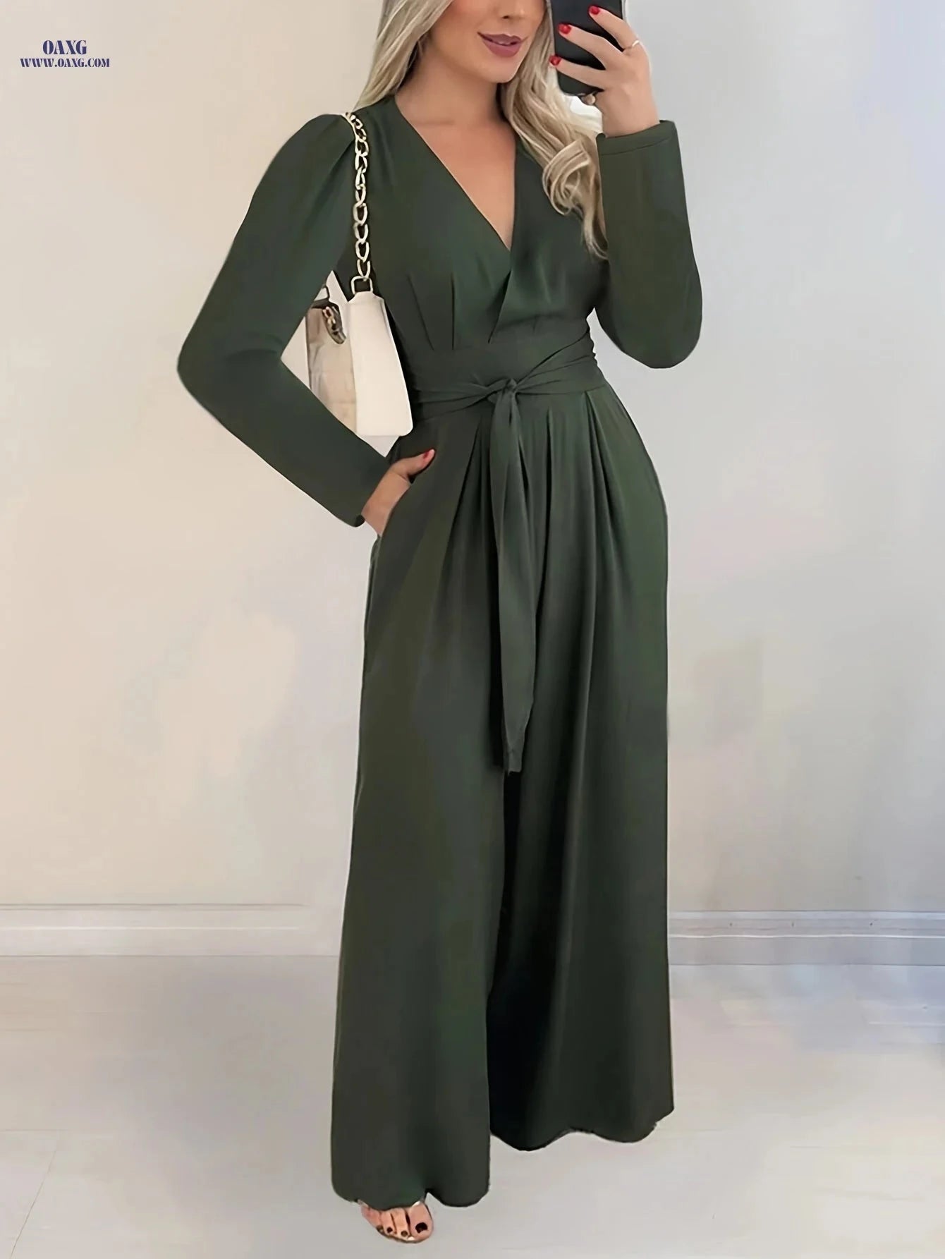 Women's Elegant Long-Sleeve V-Neck Jumpsuit - Wide Leg Style   OAXG 