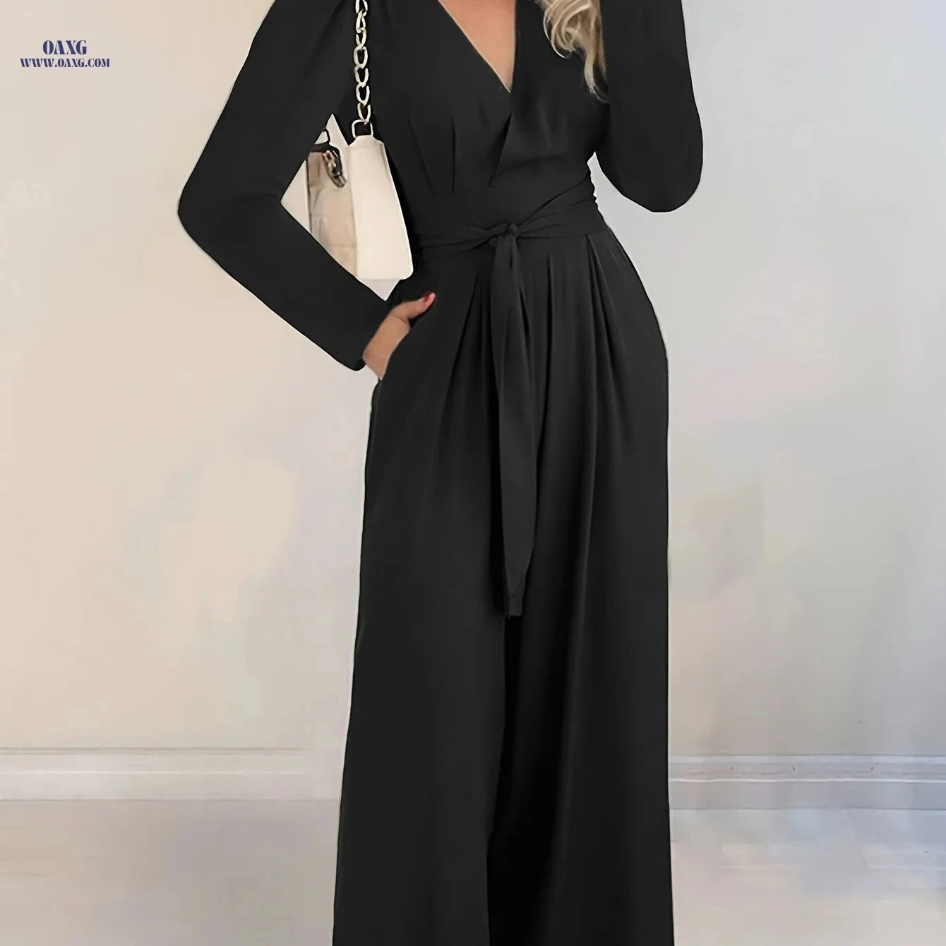Women's Elegant Long-Sleeve V-Neck Jumpsuit - Wide Leg Style   OAXG Sky Blue / S